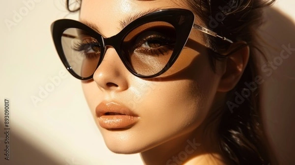 Fototapeta A Close up of a Woman's Face With Large Sunglasses on and Her Hair in a Ponytail - Generative AI