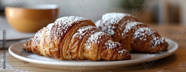 Obraz Detailed shot of a chocolate croissant with a dusting of powdered sugar, breakfast cuisine, stock photo quality