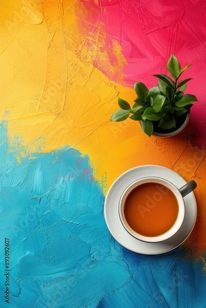 Obraz A cup of tea sits on a table with a plant next to it