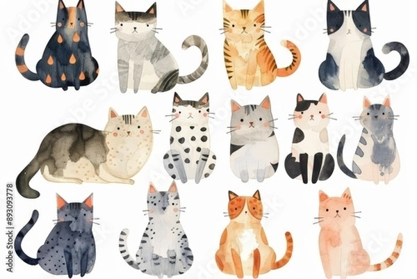 Obraz watercolor cats each with unique pattern
