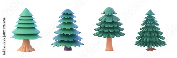 Obraz Playful 3D Christmas tree set, Cheerful green cartoon holiday trees collection isolated transparent, Winter plants toy objects with evergreen leaves