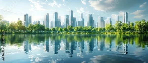 Fototapeta A futuristic vision of a green city with modern buildings is beautifully reflected in the calm waters of a lake, symbolizing urban sustainability