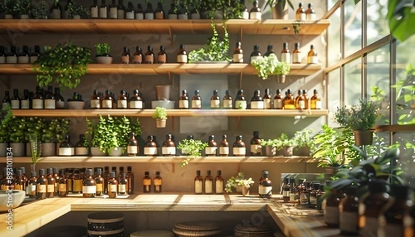Fototapeta A serene apothecary with shelves of bottled plant extracts and herbs, highlighting natural medicine and holistic health approaches