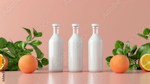 Obraz Milk Bottles with Oranges and Greenery
