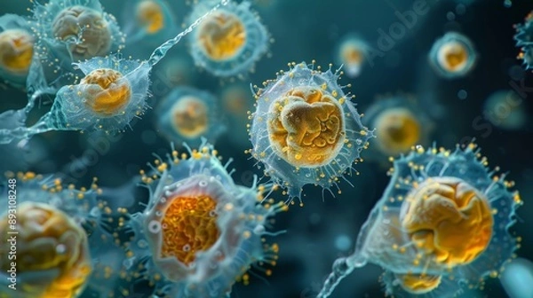 Fototapeta Microbial cells showcasing intricate structures under a microscope, highlighting the beauty of microscopic life forms.