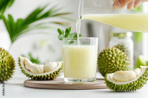Fototapeta A hand pouring a durian juice into a glass, healthy drink food diet