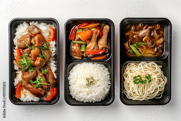Fototapeta set of asian food bento on the black plate seafood, chicken and noodle with rice