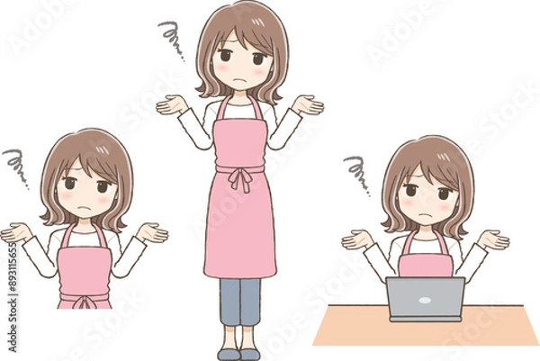 Fototapeta A Woman in an Apron with Both Hands Raised and an Exasperated Expression (Full Body, Upper Body, at a Computer)