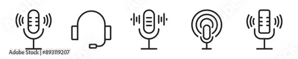 Fototapeta Podcast web icon set. Set of 5 outline icons related to microphone, radio, webcast, audio, video, news. Linear icon collection. Podcast outline icons collection. Editable stroke. Vector illustration.