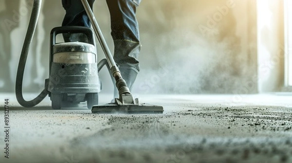 Obraz construction cleaning service. dust removal with vacuum cleaner. Copy space image. Place for adding text or design. copy space for text.