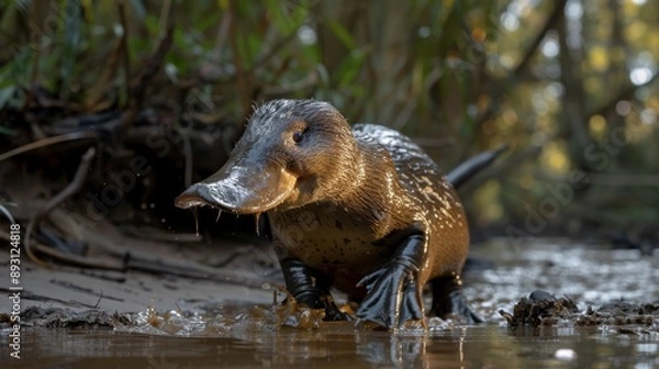Fototapeta A Close up of a Duck Walking in the Mud With Leaves and Plants in the Background - Generative AI