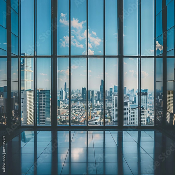 Fototapeta Sunny Cityscape View through Large Windows with Blue Sky