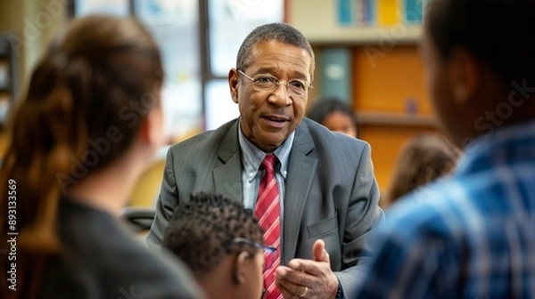 Obraz A principal talking to students with a school office background during the afternoon with soft lighting, close-up shot