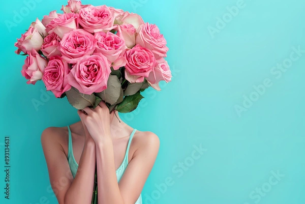 Obraz Woman holding a large bouquet of roses covering their face on blue background.