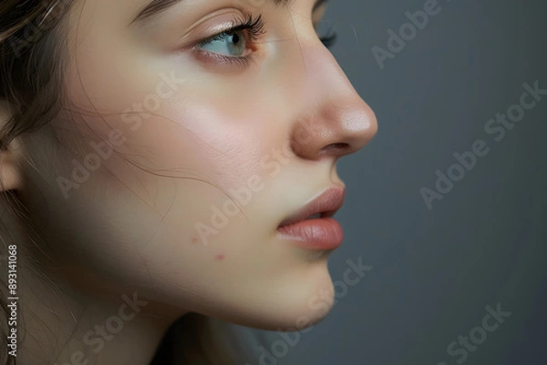 Fototapeta Side view of woman with bumpy aquiline nose in front of gray background