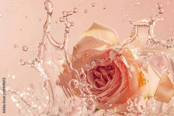 Fototapeta Champagne wine splash exploding in liquid, closeup on pastel pink background, champagne motion splash. Summer refreshing drink concept, wine tasting