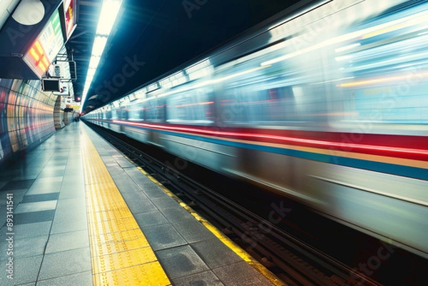 Fototapeta Subway train station motion blur background. Long exposure subway station with blurry moving train.