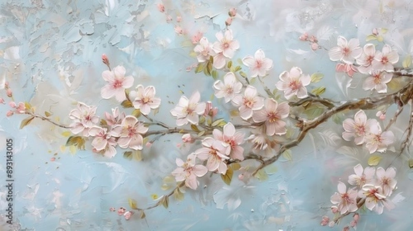 Obraz An elegant painting of a delicate cherry blossom tree in full bloom, gracefully depicted on a glass surface.