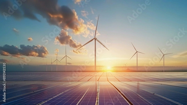 Fototapeta wind turbines and solar panels silhouetted against a vibrant sunset, symbolizing the harmonious blend of renewable energy sources and a sustainable future