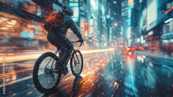 Obraz A Man Riding a Bike in the Rain on a City Street With Buildings in the Background - Generative AI
