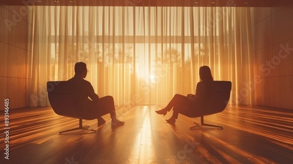 Fototapeta A Couple of People Are Sitting in Chairs in Front of a Window With Curtains - Generative AI