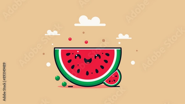 Obraz Cute Watermelon Character in Flat Design. This cute watermelon features a charming flat design, bringing a playful and refreshing touch to your project. Perfect for summer-themed designs