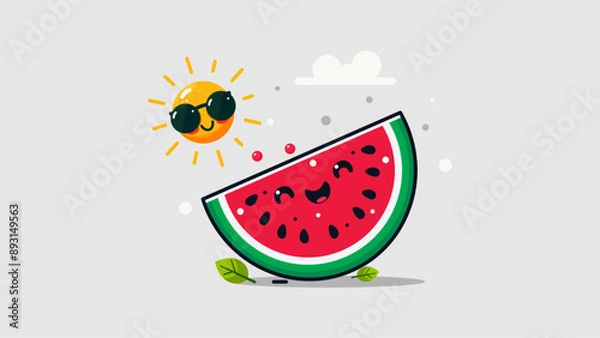 Obraz Cute Watermelon Character and Sunrise Flat Design. This charming design features a cute watermelon alongside a sunrise, creating a warm and playful vibe. Ideal for summer-themed and cheerful visuals