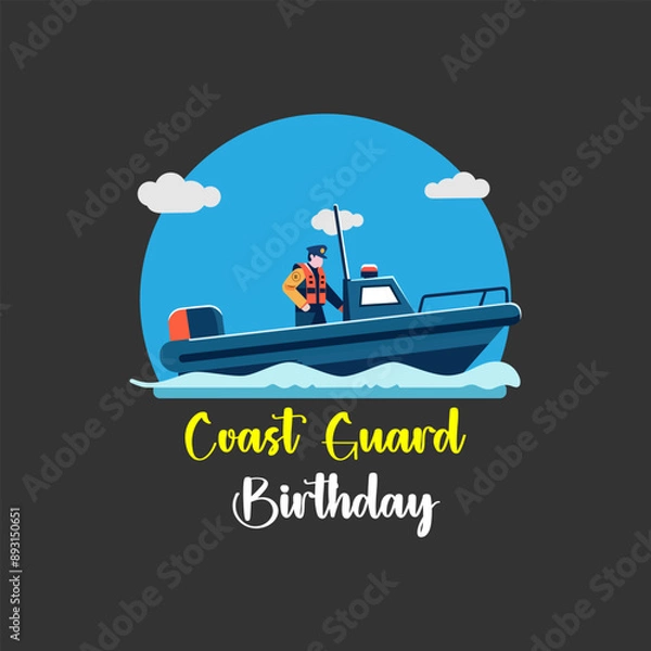 Obraz Flat Design Coast Guard Speed Boat Illustration. This flat design illustration features a simple coast guard on a speed boat, perfect for a coast guard themed birthday celebration. Bright and cheerful