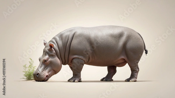 Fototapeta Full-body shot of a large hippopotamus on a clean, neutral-colored background