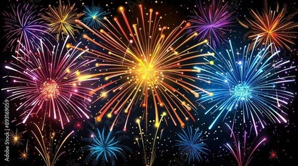 Fototapeta Bright and colorful fireworks with elaborate designs filling the sky, emphasizing the celebration atmosphere without any people in sight