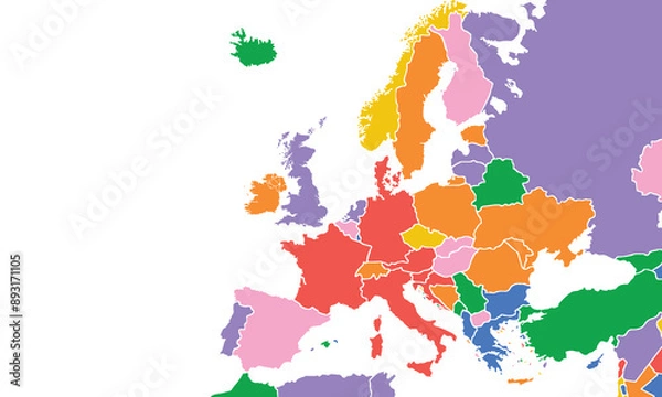 Fototapeta Europe map with individual colors,isolated on white background for website layouts,background,education, precise,customizable,Travel worldwide,map silhouette backdrop,earth geography, political,report