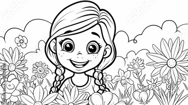 Fototapeta A fun activity for kids! Color in this adorable cartoon girl with thick lines for easy coloring. Perfect for little ones who love to create and imagine.