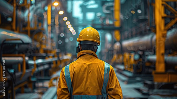 Fototapeta Refinery workers in overalls in the background of an oil refinery