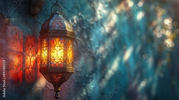 Fototapeta A Close up of an Ornate Oriental Style Lantern Hanging on a Wall - Generative AI