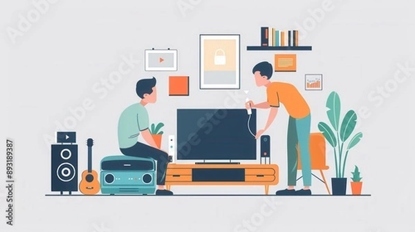 Fototapeta Setting Up the Entertainment Hub: Two roommates prepare their TV system for a cozy night in, surrounded by musical instruments and warm decor. 