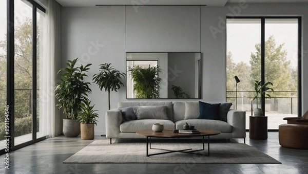 Obraz A sleek frameless mirror mounted on a clean white wall 