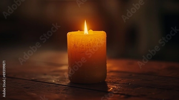 Obraz Warm Glowing Candle on Wooden Surface in Dark Ambient Setting, Cozy Atmosphere, Romantic and Tranquil Light for Relaxation, Meditation, and Autumn Vibes, Perfect for Seasonal Home Decor and Spa