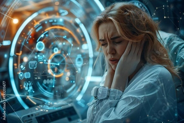 Fototapeta Idea: Modern medical technology concept  Description: A woman in distress clutches her head in pain in a sleek, futuristic medical facility. Advanced diagnostic equipment and digital
