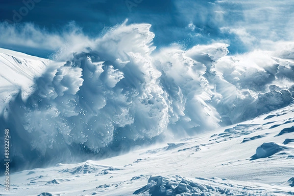 Fototapeta Generative ai on theme of descent of an huge avalanche from the mountain, winter nature landscape