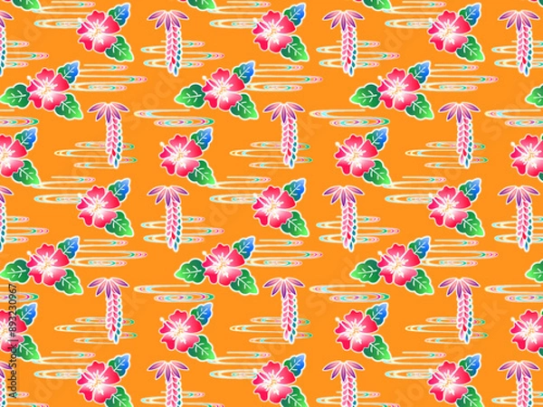 Fototapeta ハイビスカスの沖縄の紅型背景