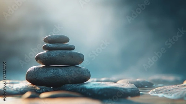 Fototapeta A Stack of Stones on Top of Each Other in the Middle of a Body of Water - Generative AI
