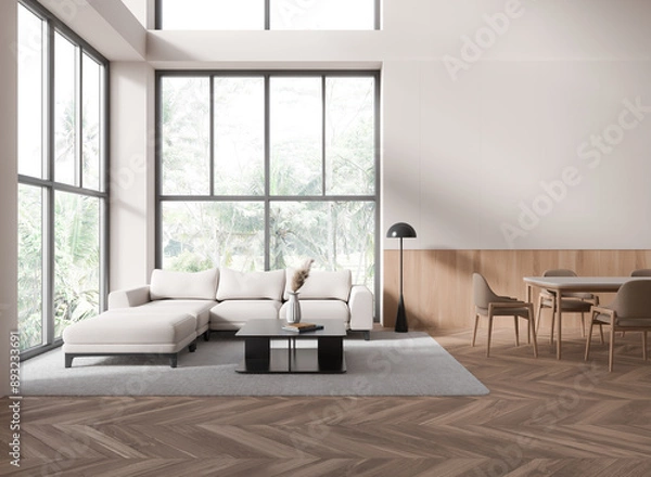 Fototapeta Modern living room with large windows and minimalist furniture. 3D Rendering
