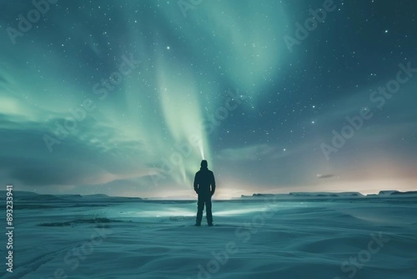 Fototapeta A person standing on the snow-covered ground, holding up their flashlight to create an aurora in the sky above them. The northern lights dance across the night sky with vibrant colors of green and blu