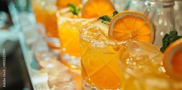 Fototapeta Citrus garnishes add zest to vibrant drinks, perfectly set for the evening revelers. 