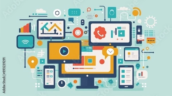 Fototapeta Business technology, integrating new software, flat design illustration