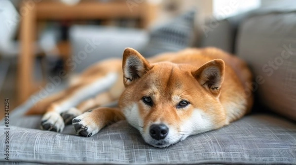 Fototapeta Cozy Shiba Inu Dog Relaxing on Sofa in Blurred Living Room