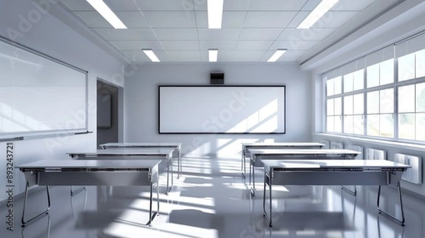 Fototapeta Empty classroom featuring sleek furniture and a large whiteboard