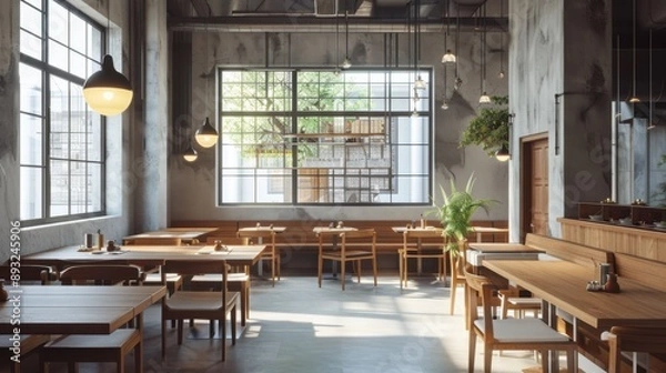 Fototapeta Contemporary industrial-style restaurant interior with large windows, wooden furniture, and ample natural light.