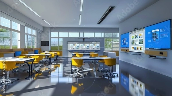 Fototapeta Future-oriented classroom with sleek, movable furniture and large touch screens
