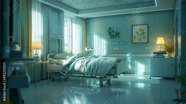 Fototapeta A Hospital Room With a Hospital Bed, a Lamp and a Nightstand - Generative AI